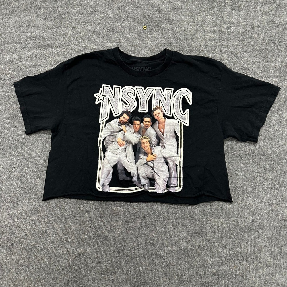NSYNC Crop Top Womens Size L Black Graphic Raw Hem Short Sleeve Y2K Pop Band Tee